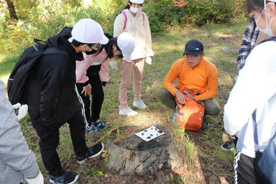 野外の動植物の観察を行いました。リスが食べた木の実やいろいろな葉などを見つけました。磐梯山、猪苗代湖もきれいでした。